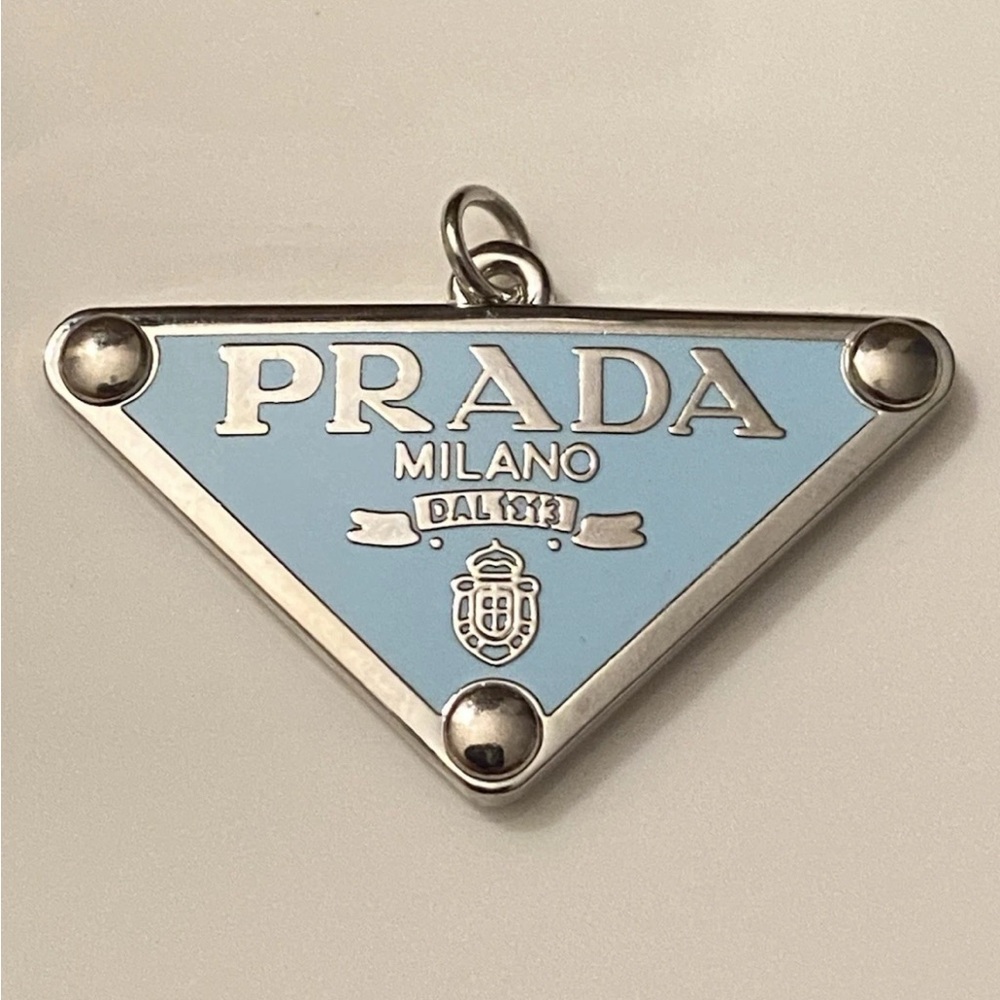 Auth Prada Sky Blue and Silver Logo Pendant